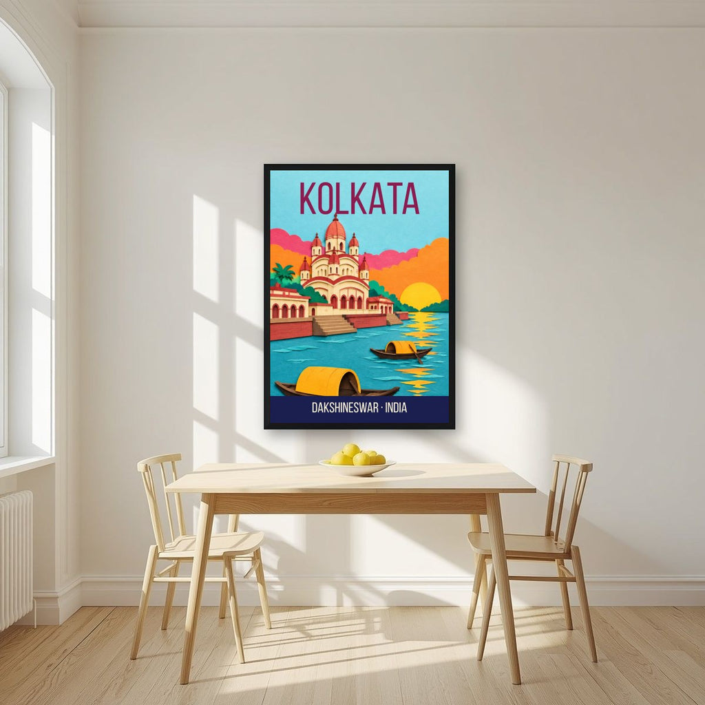 Dakshineswar Kolkata art print in a black frame on a kitchen wall