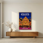Durga Puja Kolkata art print in an oak frame on a living room wall