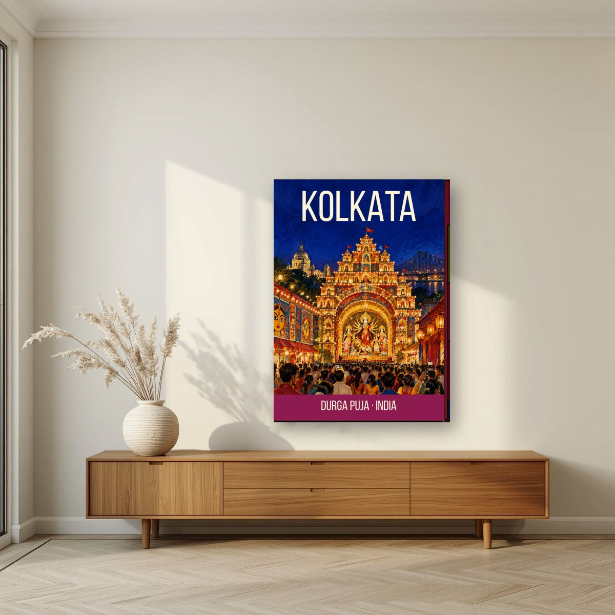Durga Puja Kolkata art print on slim canvas in a living room