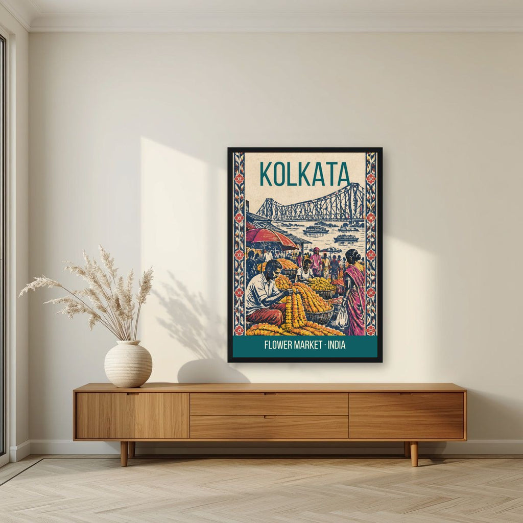 Flower Market Kolkata art print in a black frame above a living room sideboard