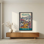 Flower Market Kolkata art print in a black frame above a living room sideboard