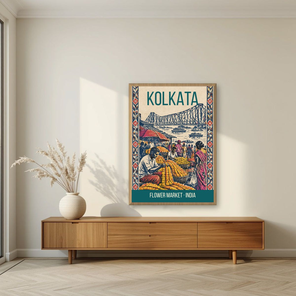 Flower Market Kolkata art print in an oak frame on a living room wall