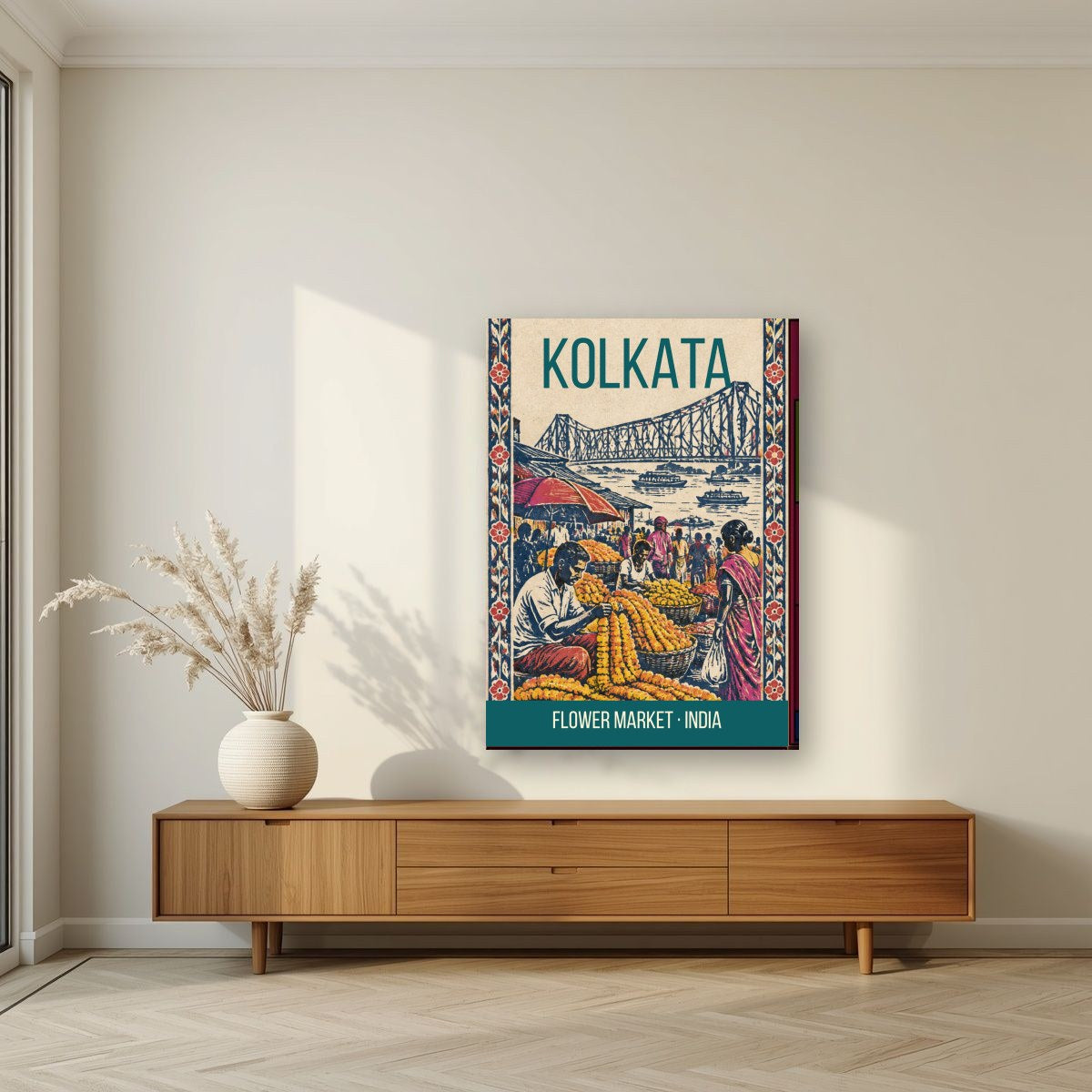 Flower Market Kolkata art print on slim canvas in a living room