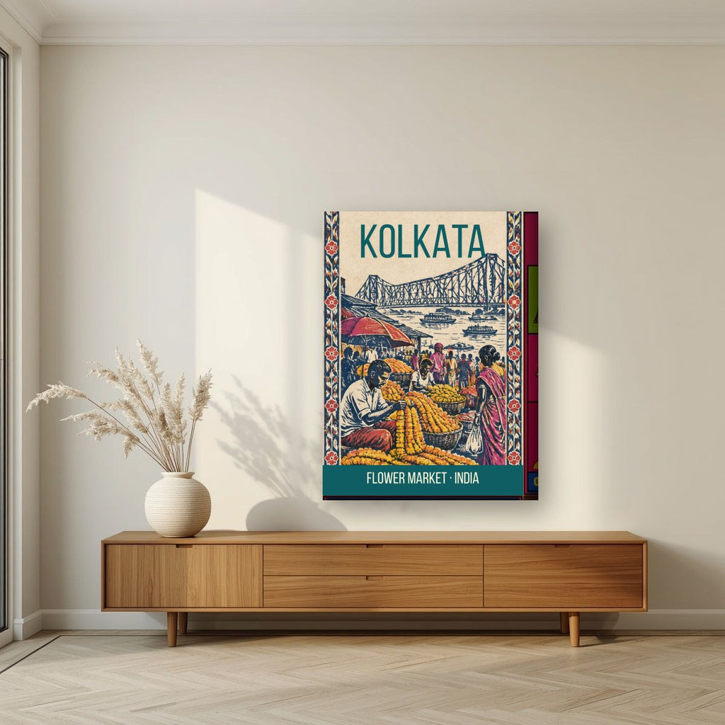 Flower Market Kolkata art print on thick canvas in a living room
