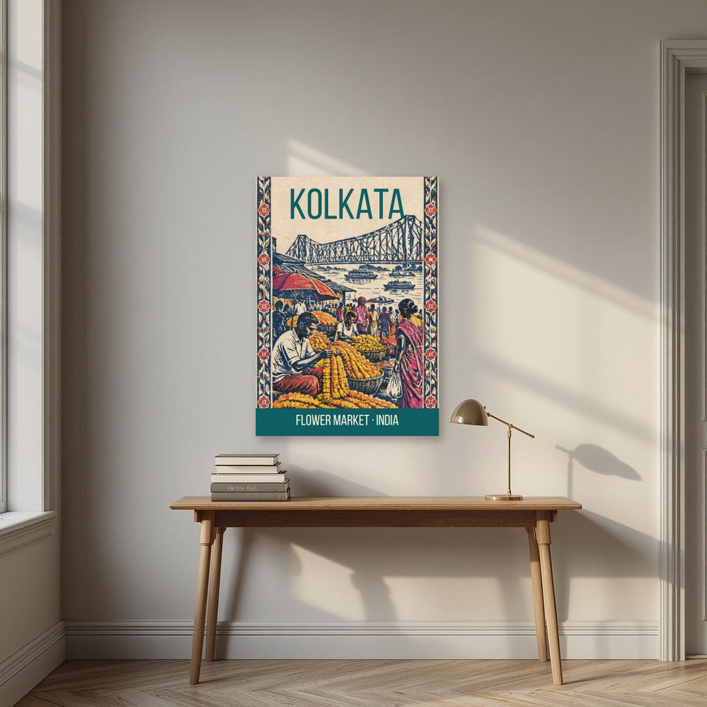 Flower Market Kolkata art print above a desk