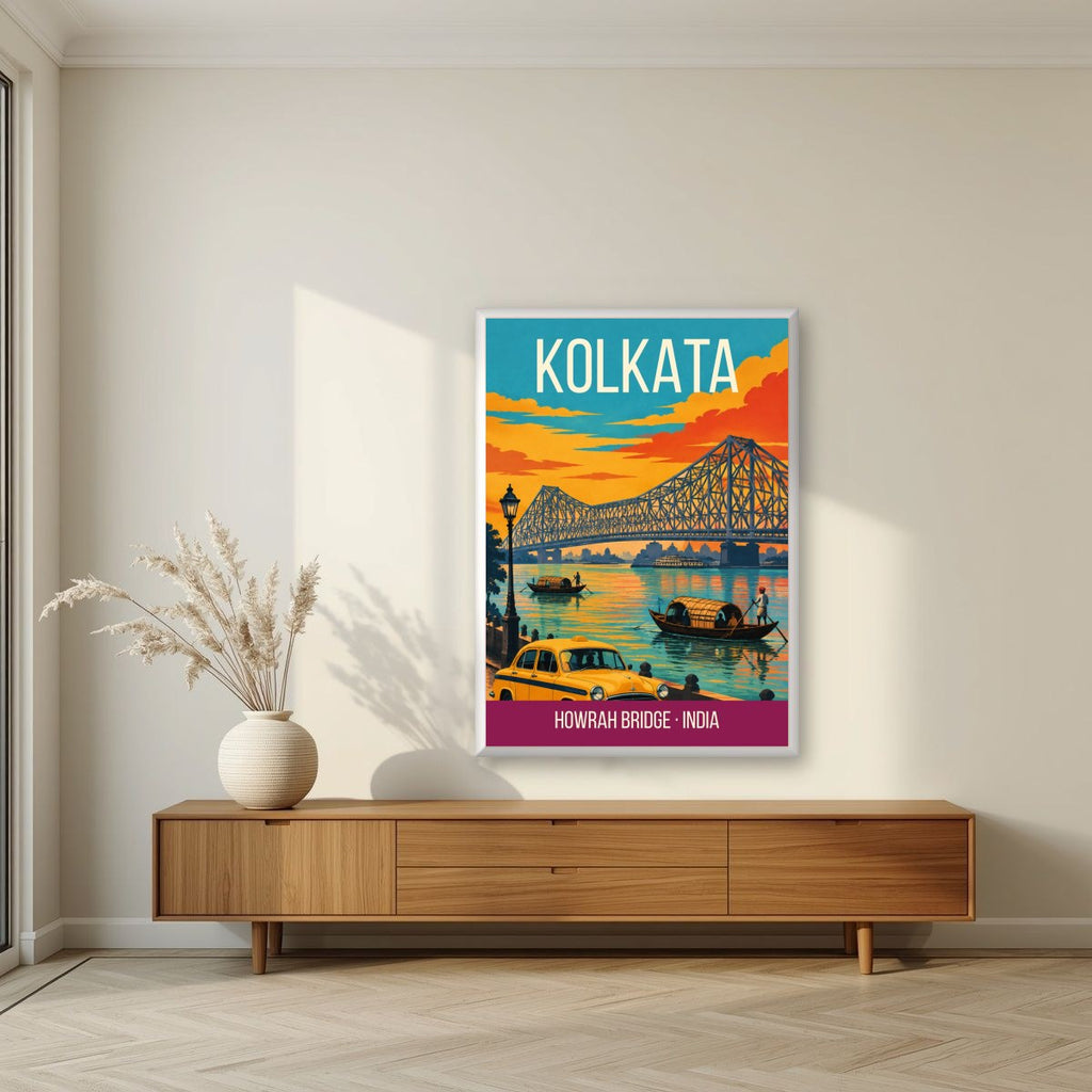 Howrah Bridge Kolkata art print in a white frame on a living room wall