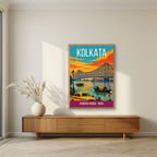 Howrah Bridge Kolkata art print in an oak frame on a living room wall