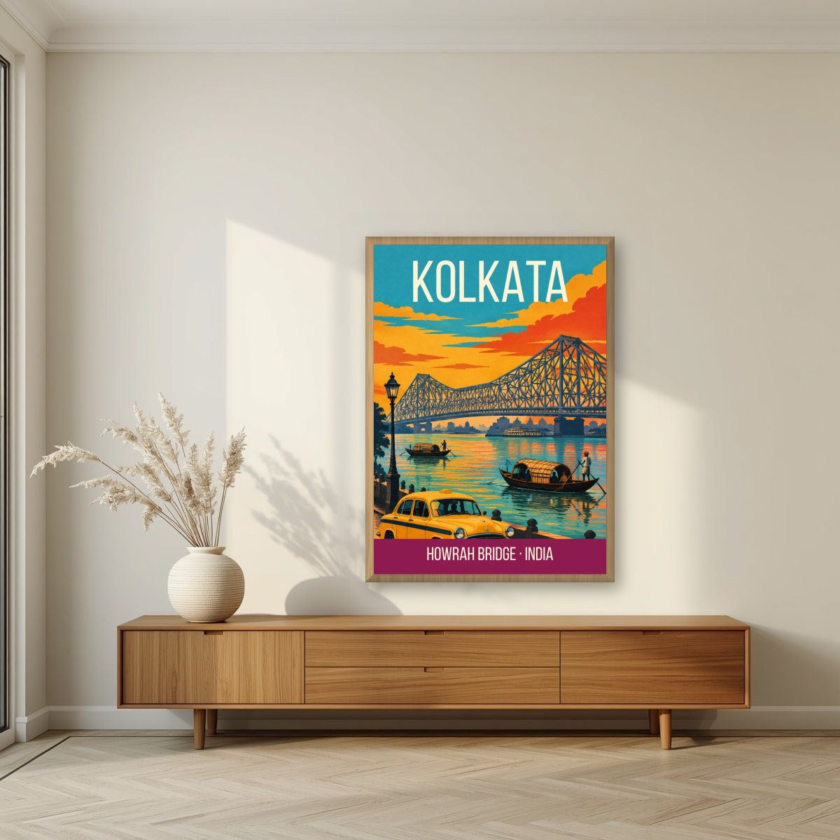 Howrah Bridge Kolkata art print in an oak frame on a living room wall
