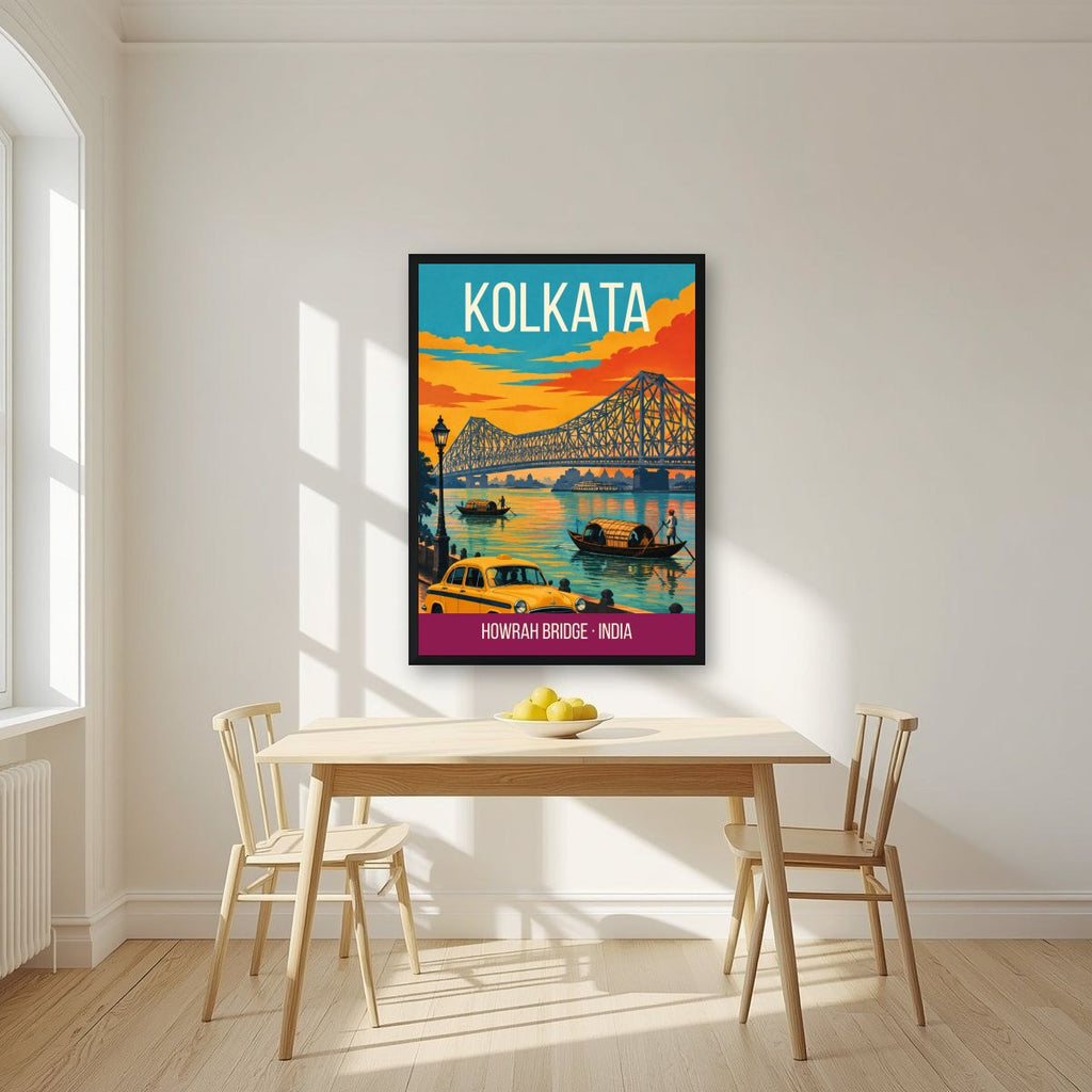 Howrah Bridge Kolkata art print in a black frame on a kitchen wall