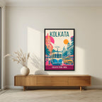 Kolkata Tram art print in a black frame above a living room sideboard