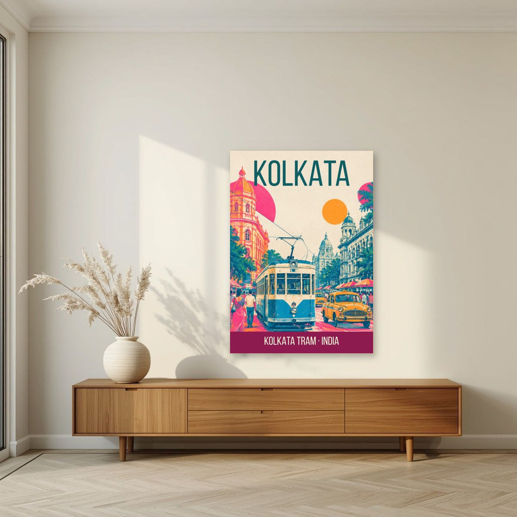 Kolkata Tram art print unframed on a living room wall