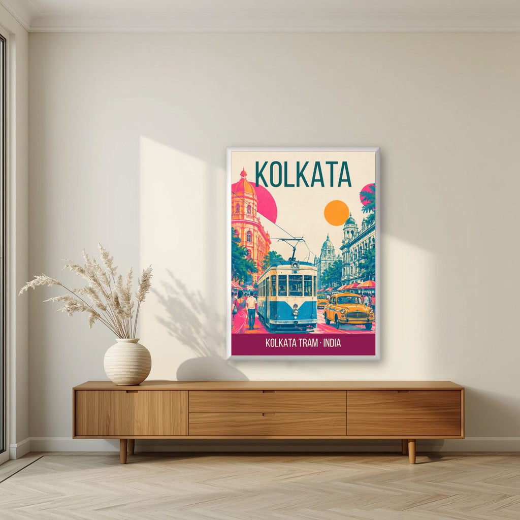 Kolkata Tram art print in a white frame on a living room wall