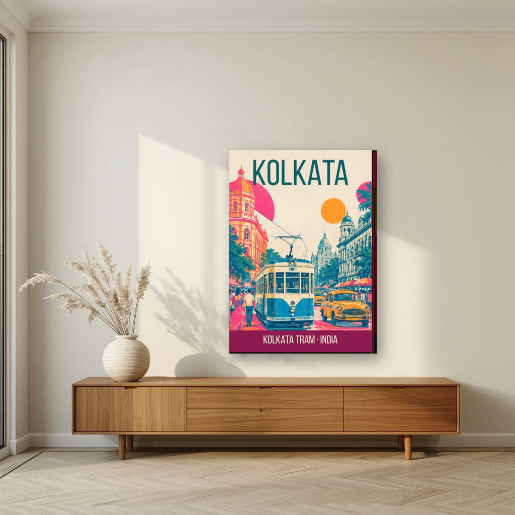 Kolkata Tram art print on slim canvas in a living room