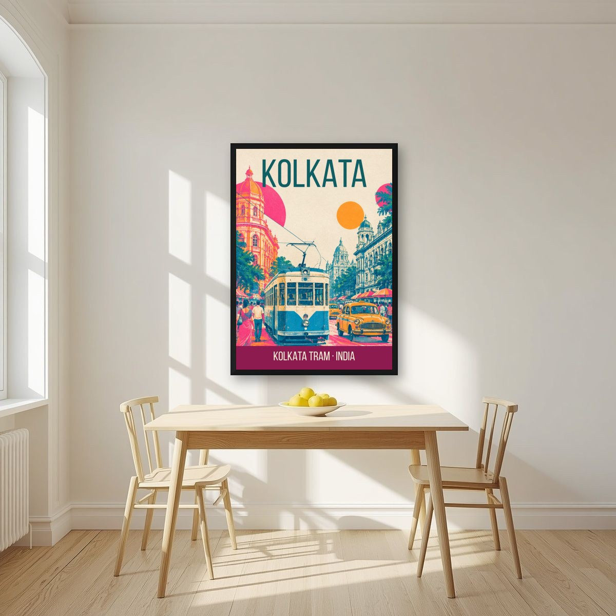 Kolkata Tram art print in a black frame on a kitchen wall