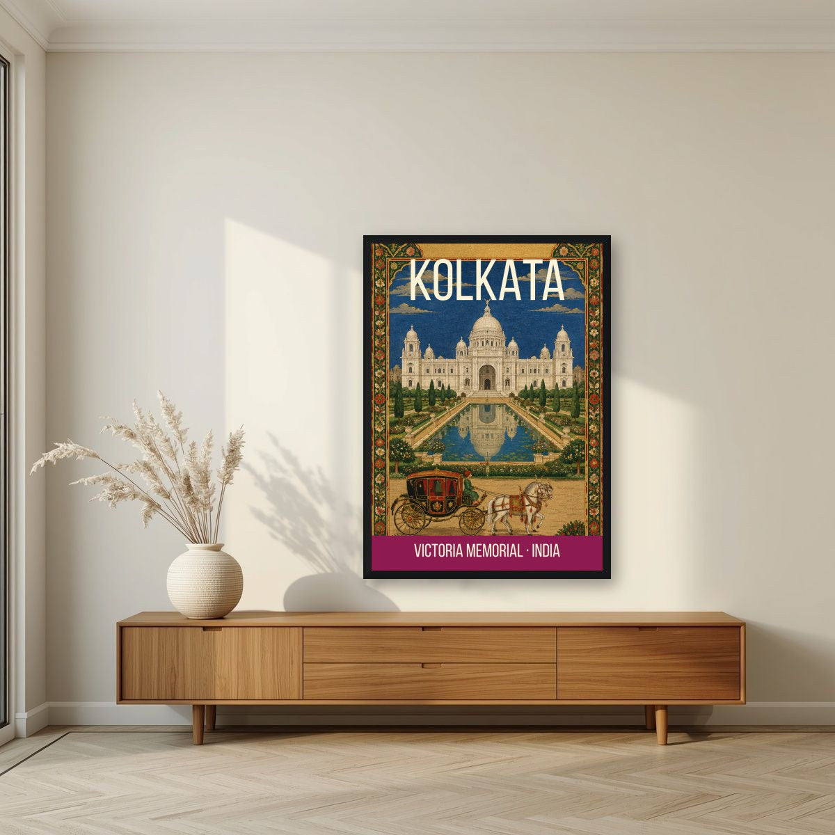 Victoria Memorial Kolkata art print in a black frame above a living room sideboard