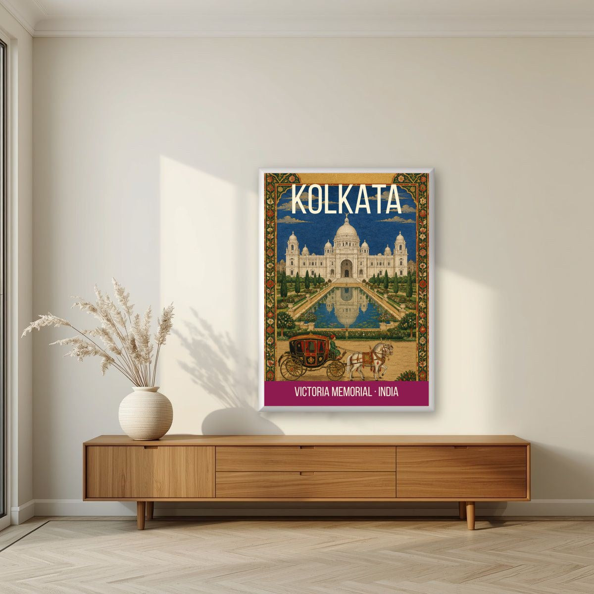 Victoria Memorial Kolkata art print in a white frame on a living room wall