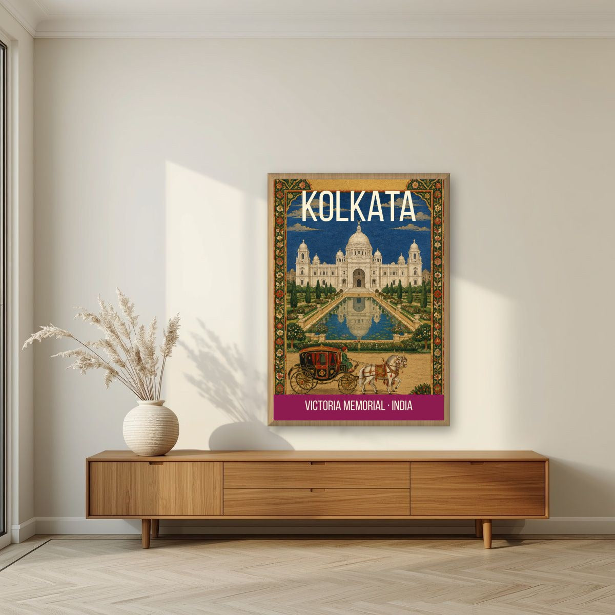 Victoria Memorial Kolkata art print in an oak frame on a living room wall