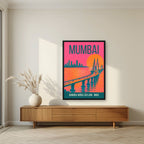 Bandra-Worli Sea Link Mumbai art print in a black frame above a living room sideboard