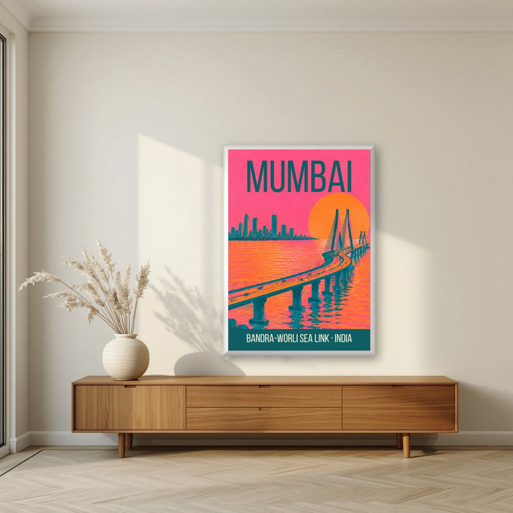Bandra-Worli Sea Link Mumbai art print in a white frame on a living room wall
