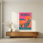 Bandra-Worli Sea Link Mumbai art print in a white frame on a living room wall