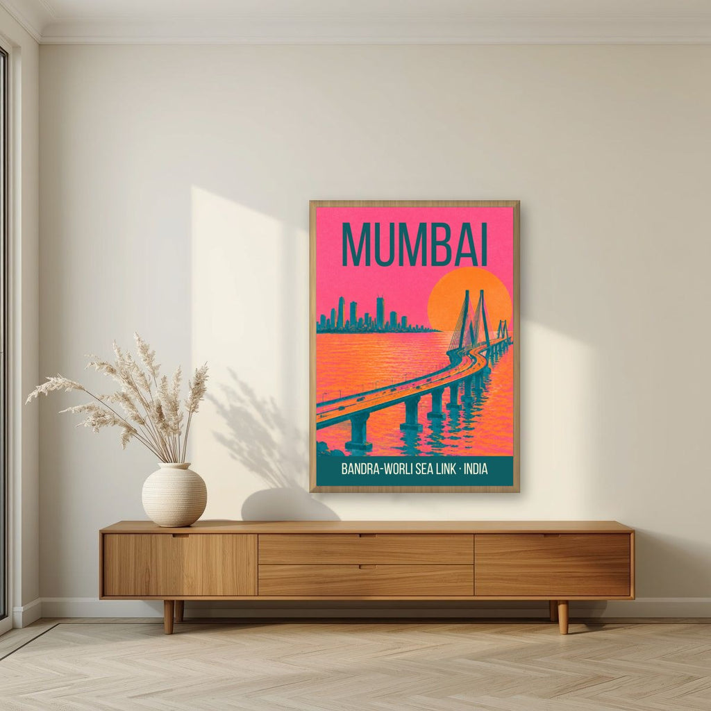 Bandra-Worli Sea Link Mumbai art print in an oak frame on a living room wall