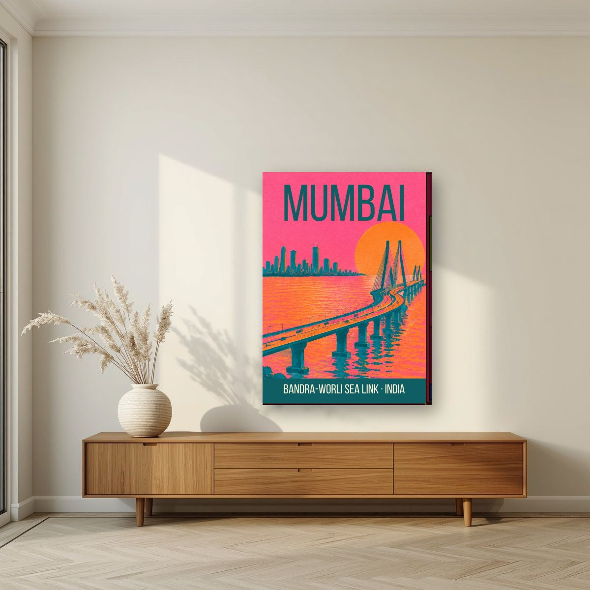 Bandra-Worli Sea Link Mumbai art print on slim canvas in a living room