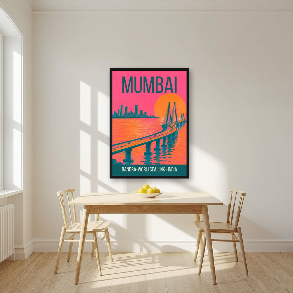 Bandra-Worli Sea Link Mumbai art print in a black frame on a kitchen wall