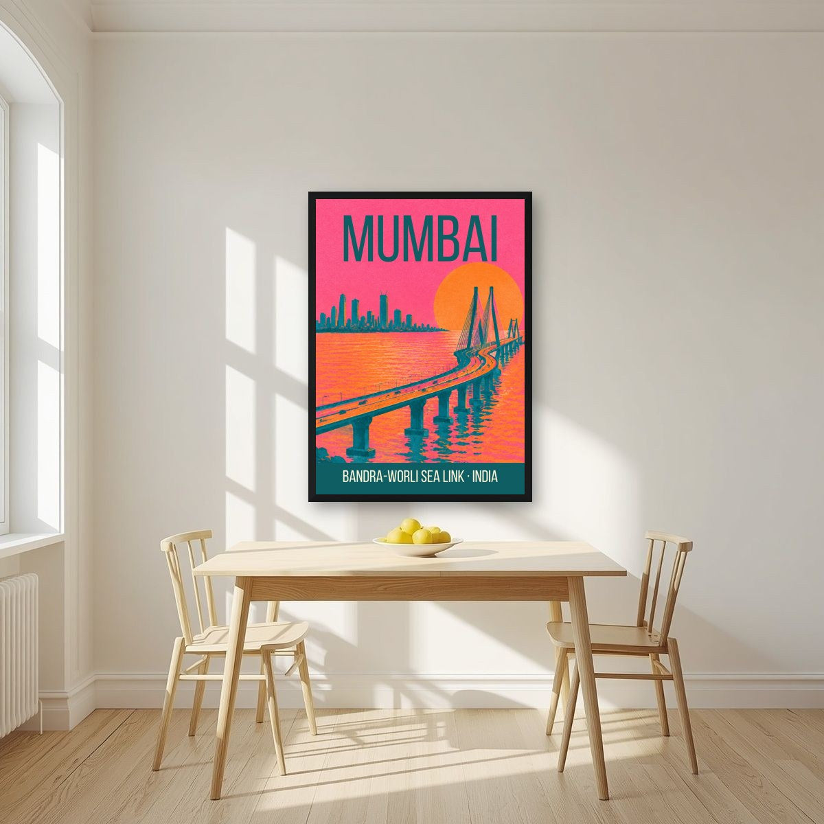 Bandra-Worli Sea Link Mumbai art print in a black frame on a kitchen wall