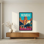Chhatrapati Shivaji Terminus Mumbai art print in a black frame above a living room sideboard