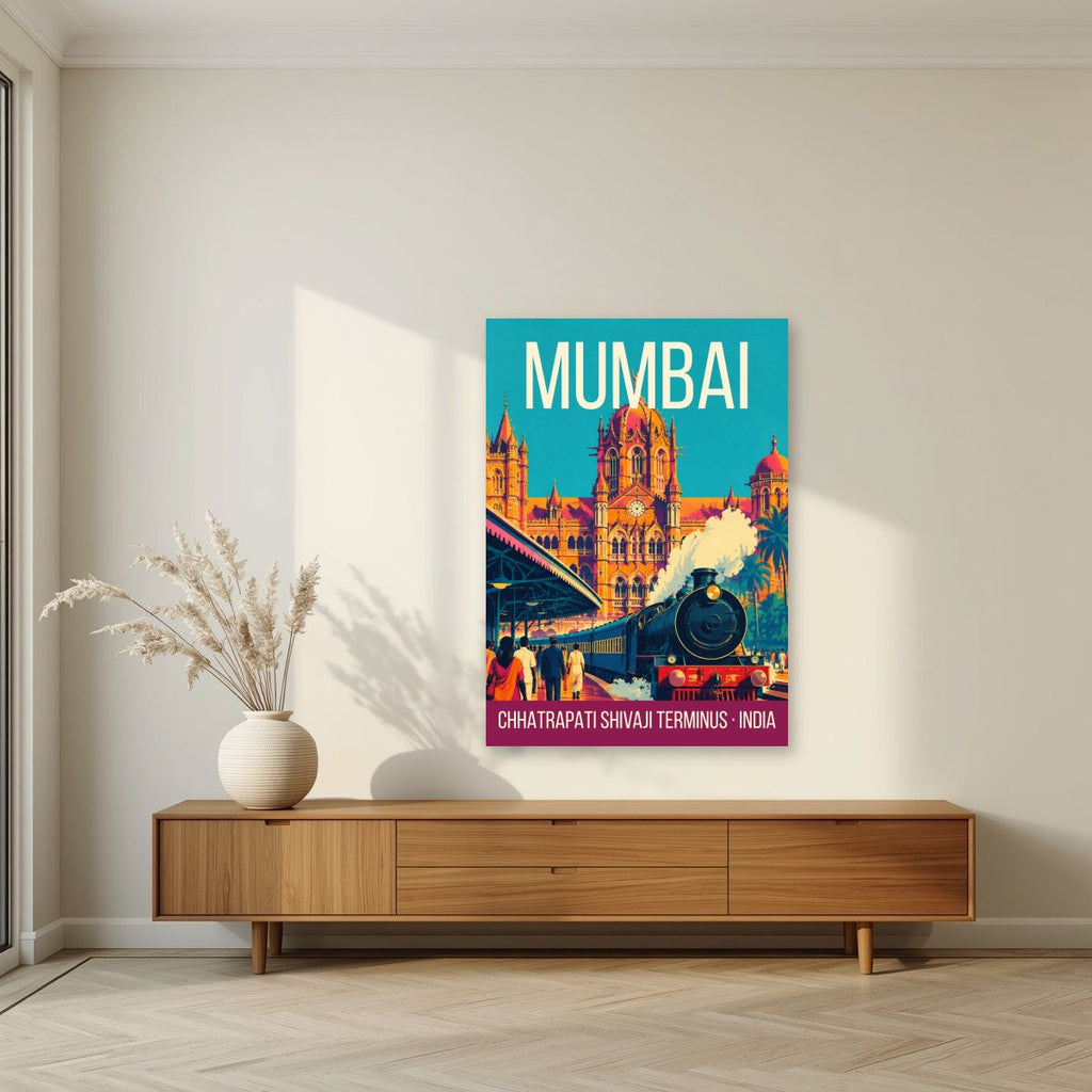 Chhatrapati Shivaji Terminus Mumbai art print unframed on a living room wall