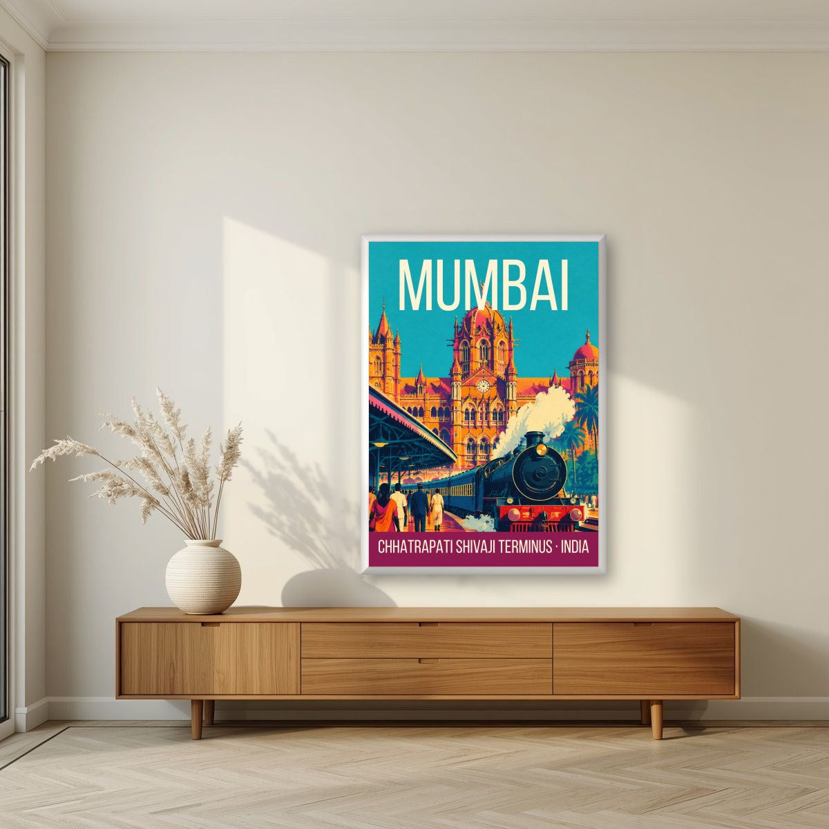 Chhatrapati Shivaji Terminus Mumbai art print in a white frame on a living room wall