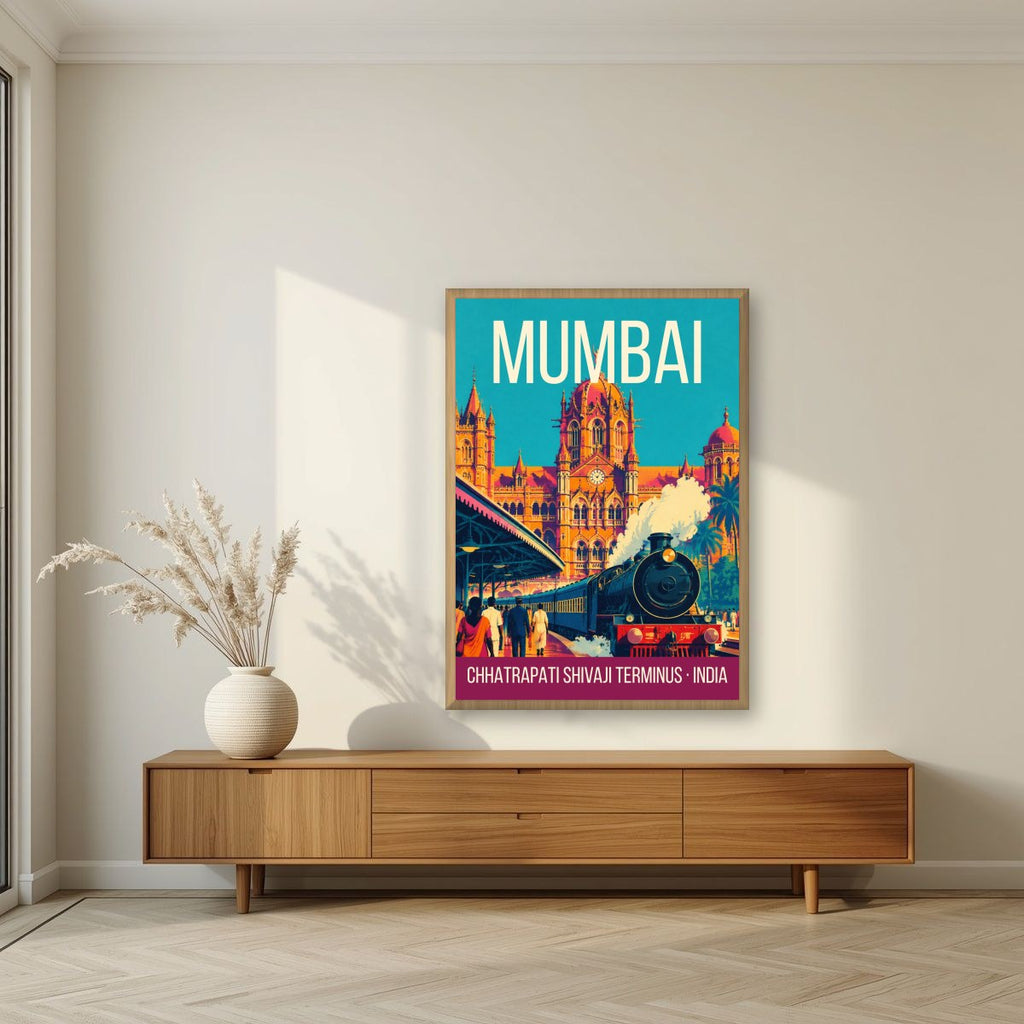 Chhatrapati Shivaji Terminus Mumbai art print in an oak frame on a living room wall