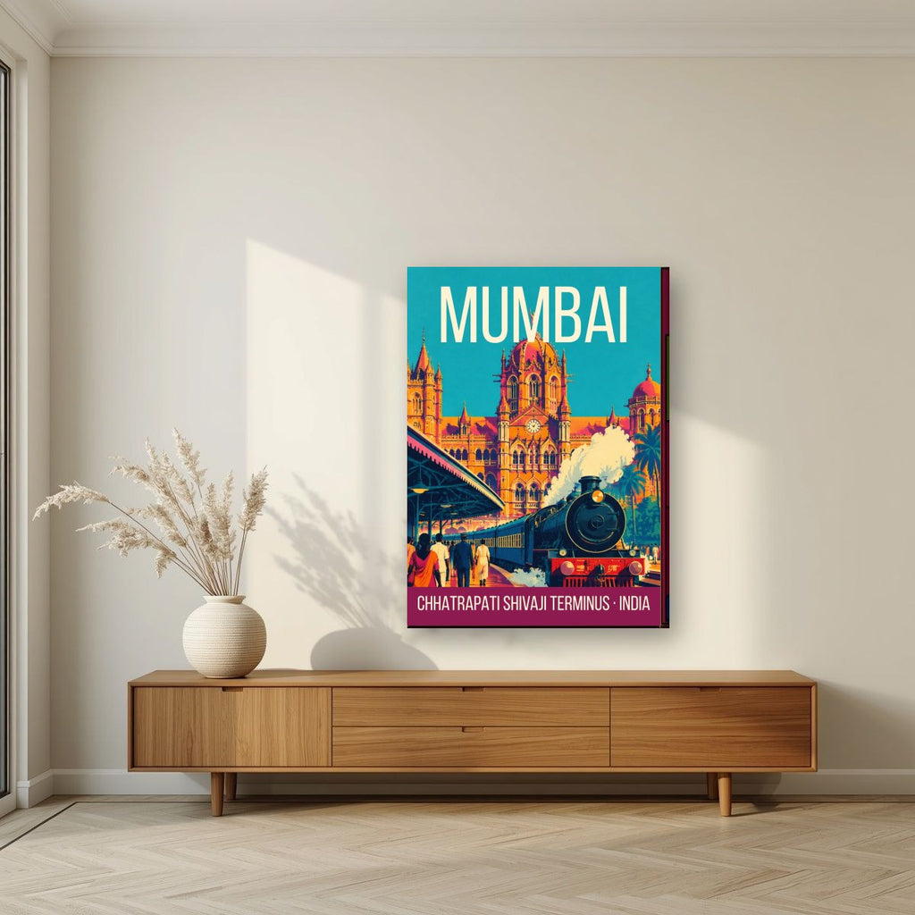 Chhatrapati Shivaji Terminus Mumbai art print on slim canvas in a living room