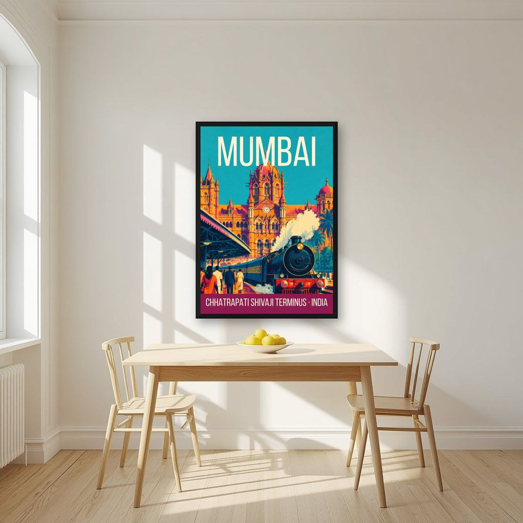 Chhatrapati Shivaji Terminus Mumbai art print in a black frame on a kitchen wall