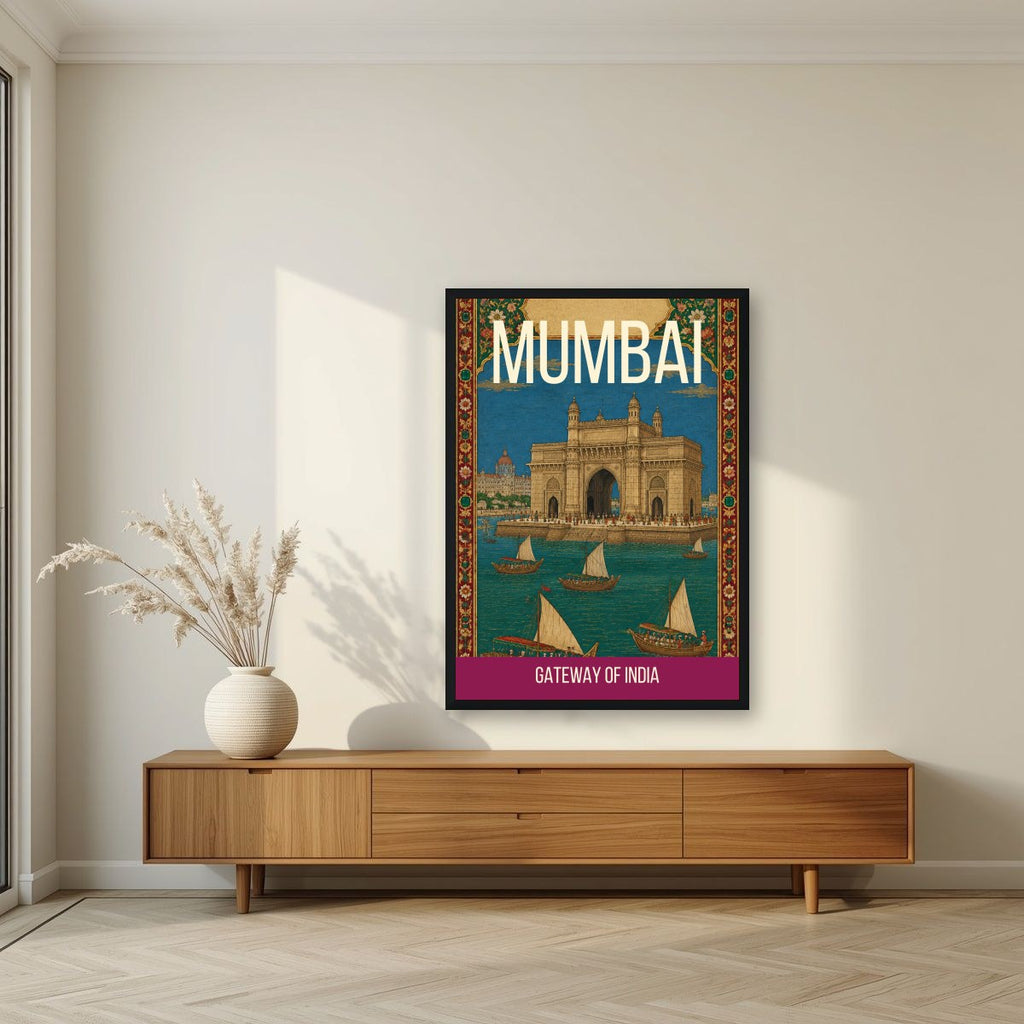 Gateway of India Mumbai art print in a black frame above a living room sideboard