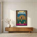 Gateway of India Mumbai art print in a black frame above a living room sideboard