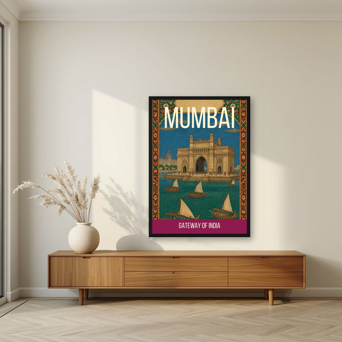 Gateway of India Mumbai art print in a black frame above a living room sideboard