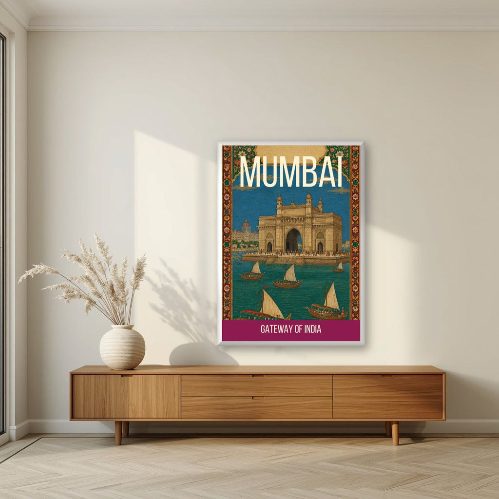 Gateway of India Mumbai art print in a white frame on a living room wall