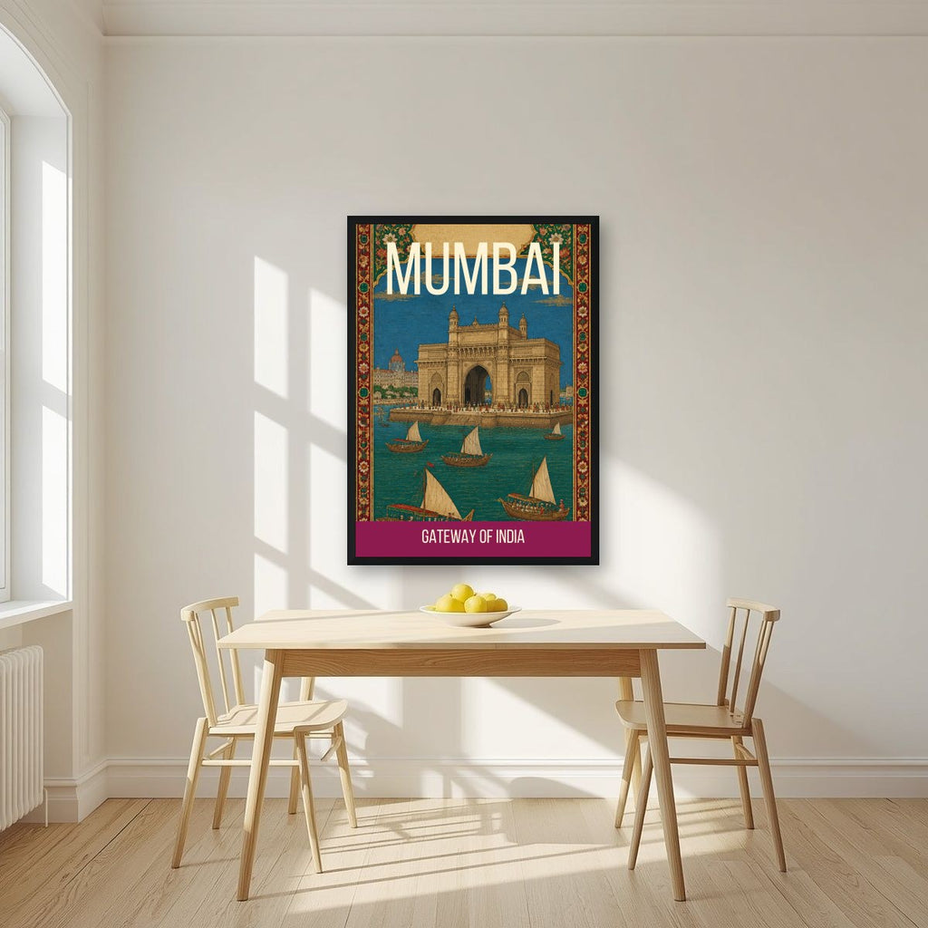 Gateway of India Mumbai art print in a black frame on a kitchen wall