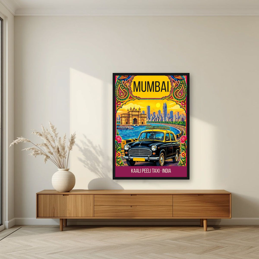Kaali Peeli Taxi Mumbai art print in a black frame above a living room sideboard