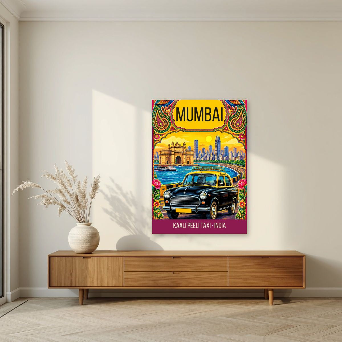 Kaali Peeli Taxi Mumbai art print unframed on a living room wall