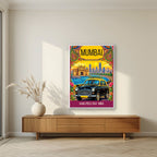 Kaali Peeli Taxi Mumbai art print in a white frame on a living room wall