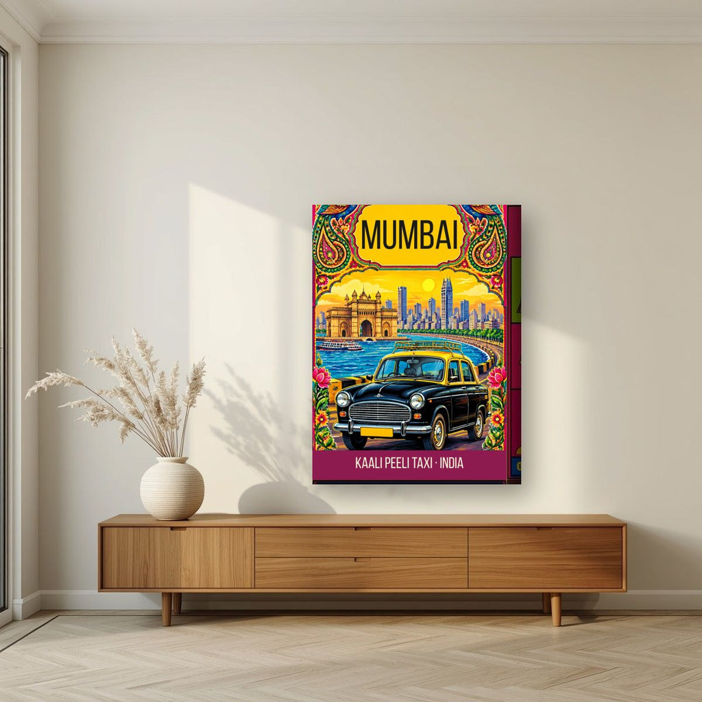 Kaali Peeli Taxi Mumbai art print on thick canvas in a living room