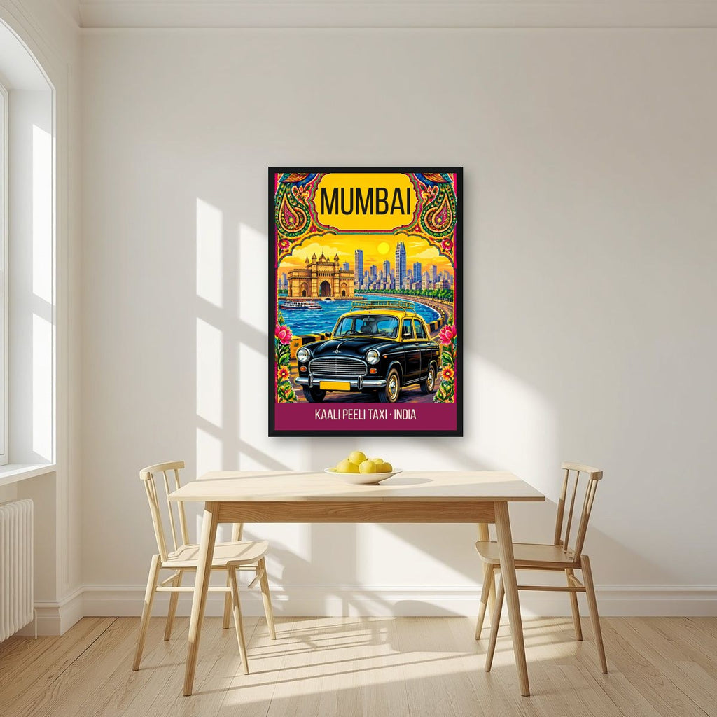 Kaali Peeli Taxi Mumbai art print in a black frame on a kitchen wall