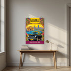 Kaali Peeli Taxi Mumbai art print above a desk