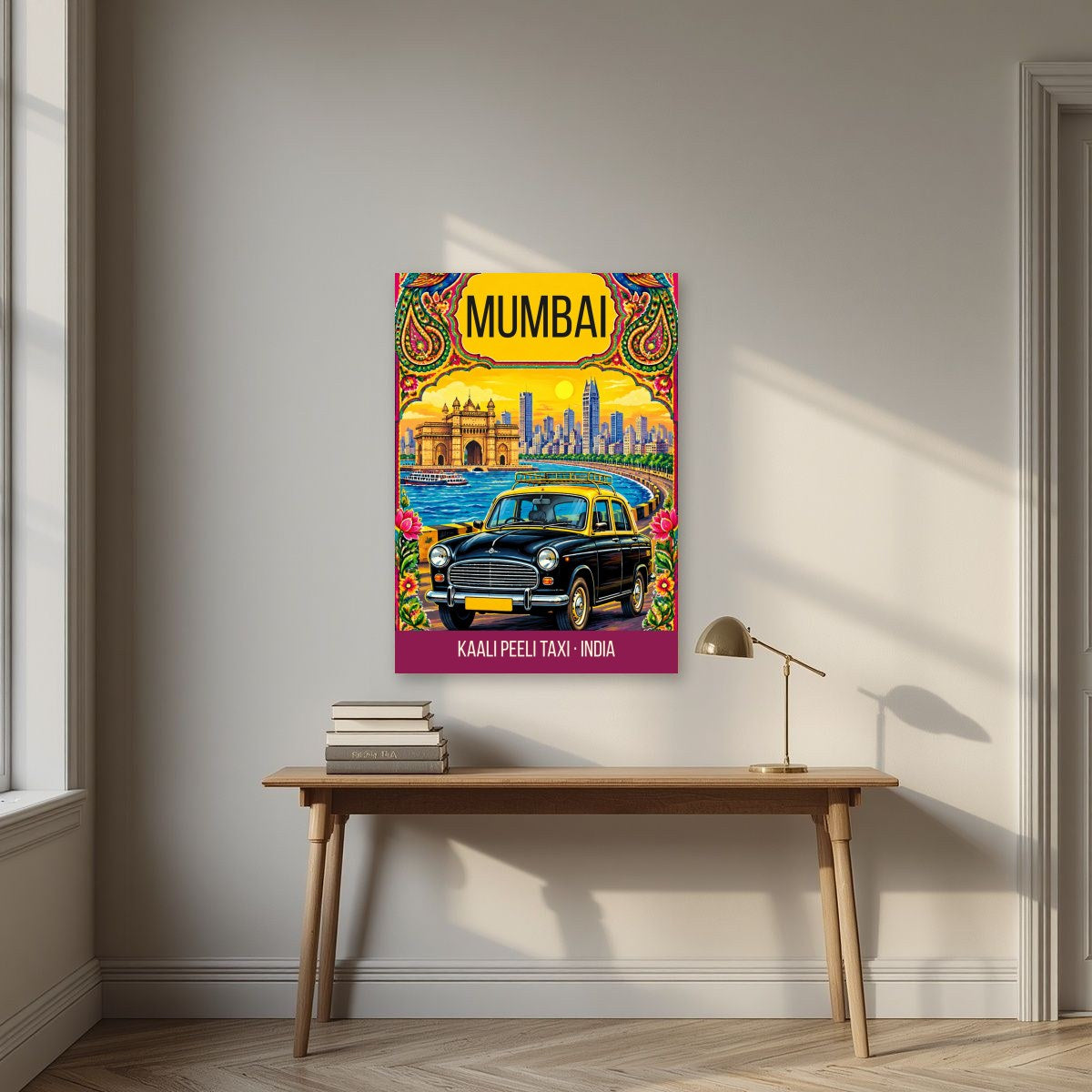 Kaali Peeli Taxi Mumbai art print above a desk