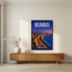 Marine Drive Mumbai art print in a black frame above a living room sideboard