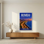 Marine Drive Mumbai art print in a white frame on a living room wall