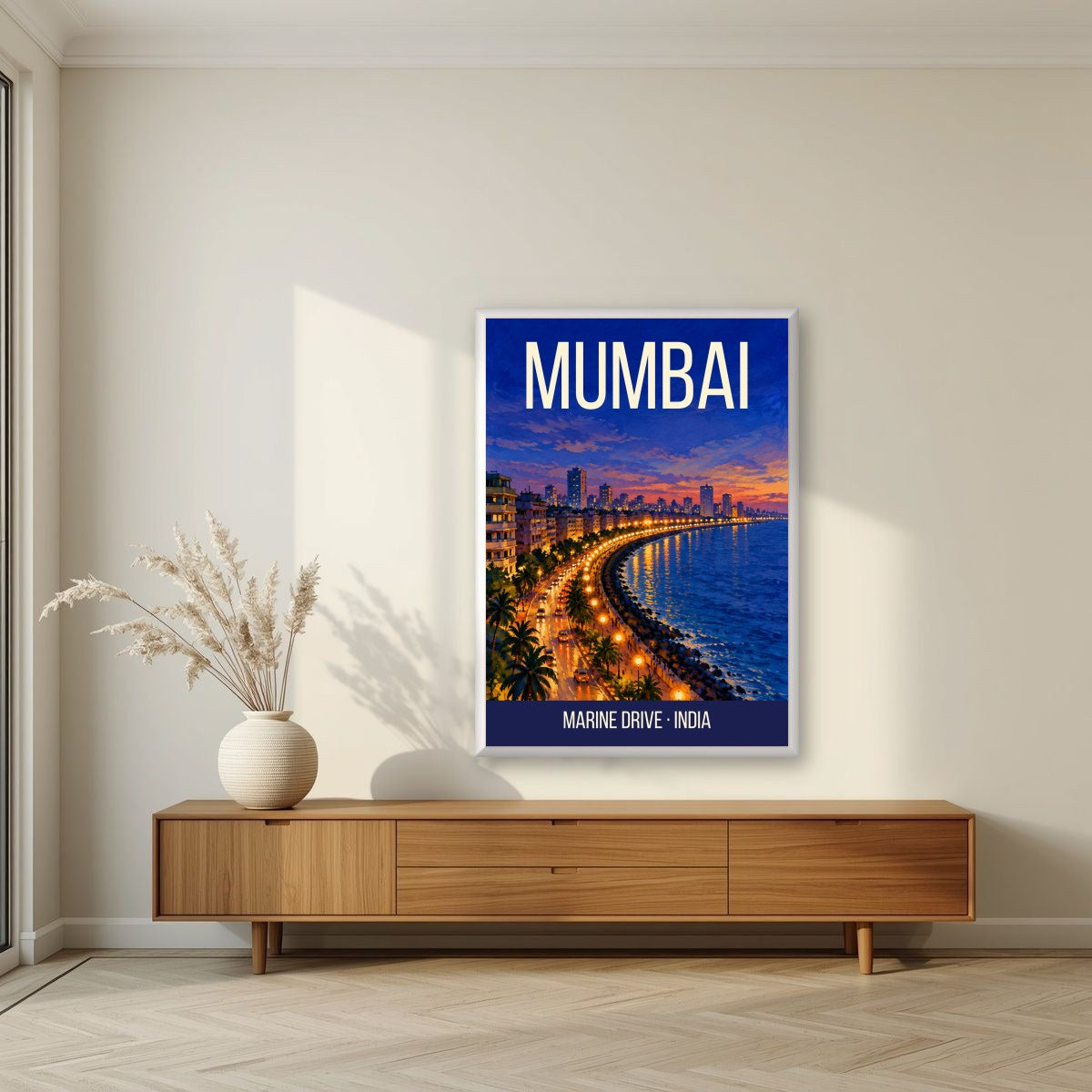 Marine Drive Mumbai art print in a white frame on a living room wall