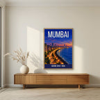Marine Drive Mumbai art print in an oak frame on a living room wall